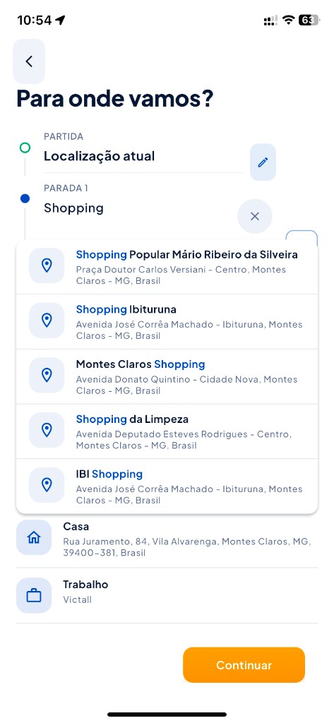 Tela do app: escolha de destino com paradas e locais salvos